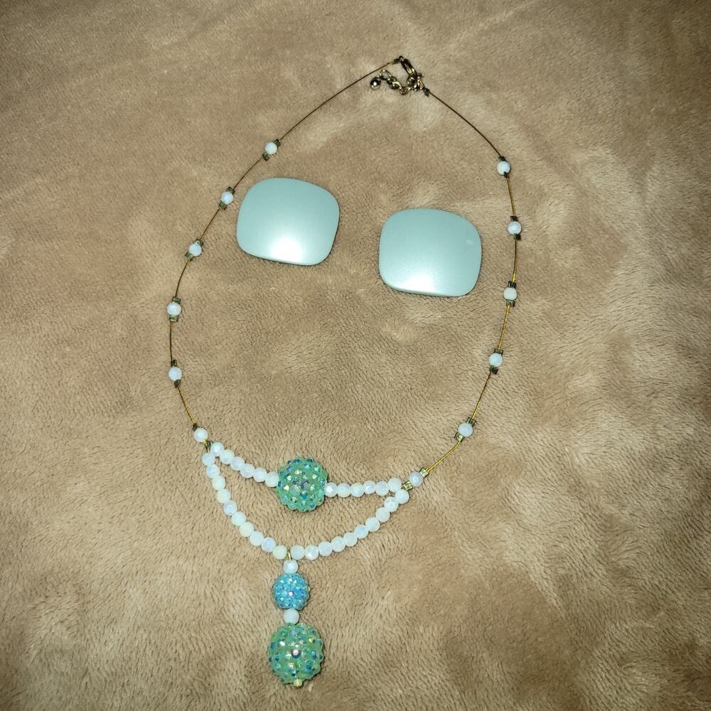 Vintage Beaded Necklace Earring Set Boho Wired Glass Beads Blue Green MCM